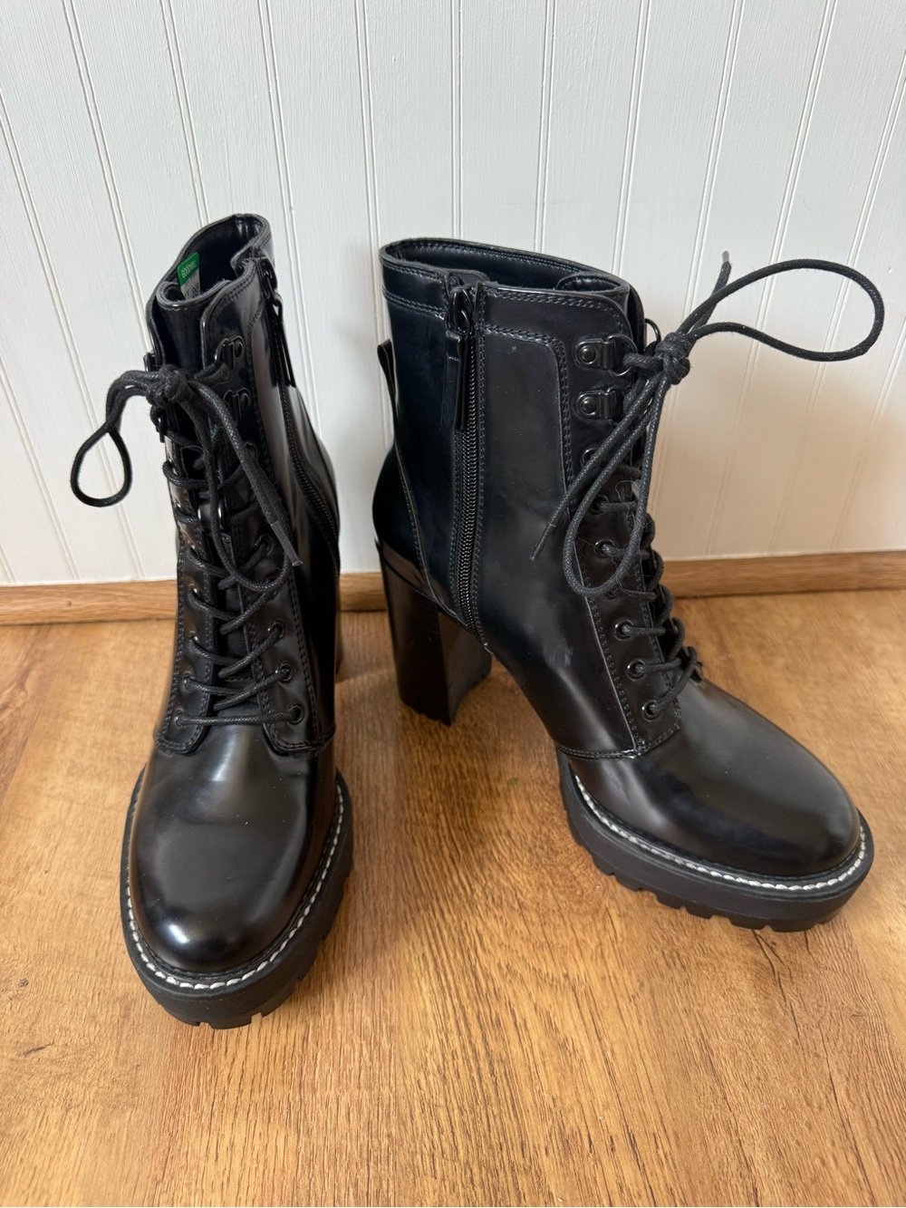 Bershka Black Leather High Block Heel Combat Boots size 8.5 - Picture 3 of 9